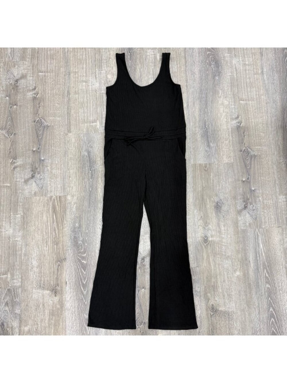 Kittenish Jumpsuit Womens Medium M Black Romper Ribbed Overall Belted Wide Leg